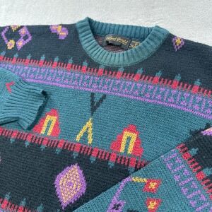 Michael Gerald Sweater Mens Large Teal Black Vintage 90s Southwestern Geometric
